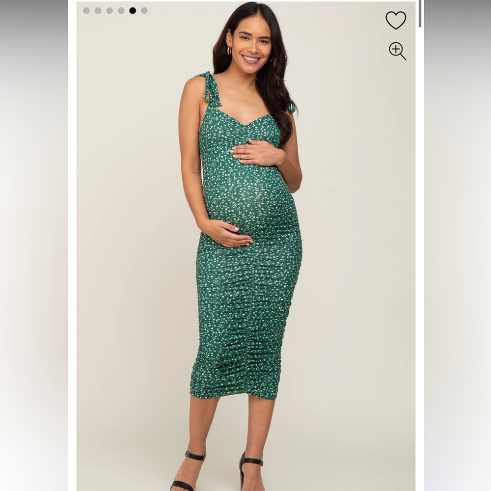 PinkBlush Green Floral Ruched Shoulder Tie Maternity Dress, size large
